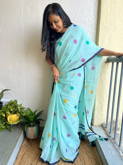 Aqua blue mul cotton saree