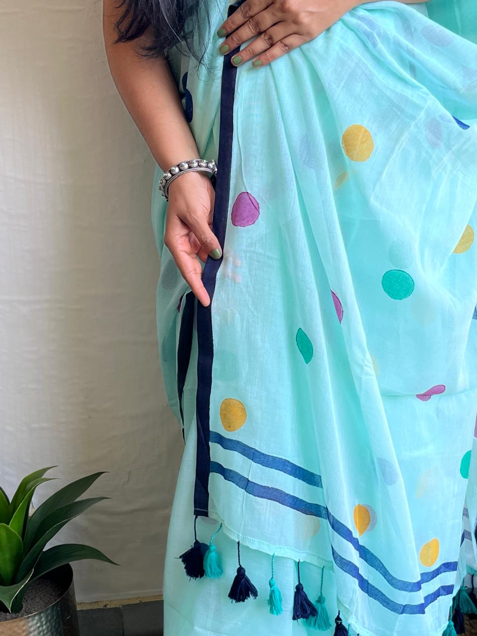 Aqua blue mul cotton saree