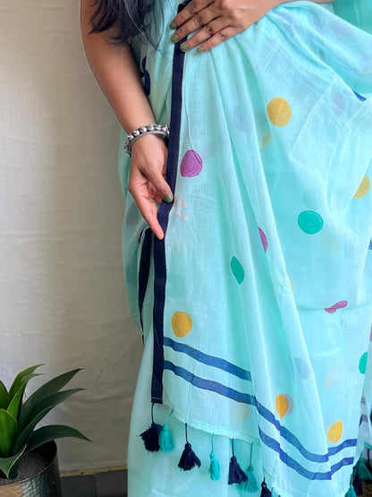 Aqua blue mul cotton saree