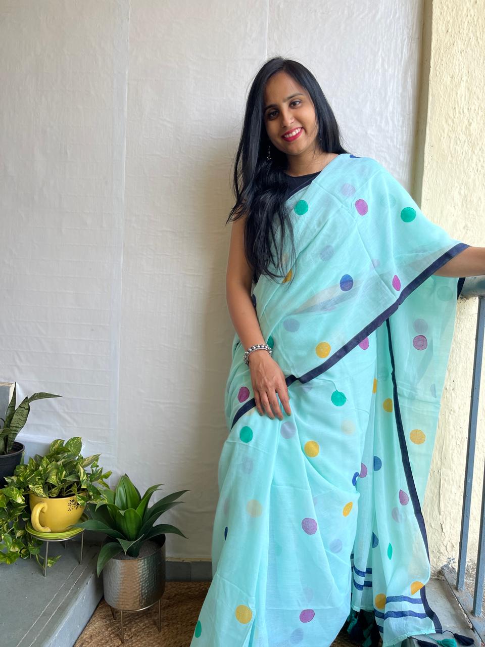 Aqua blue mul cotton saree