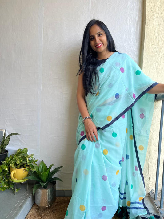 Aqua blue mul cotton saree