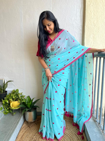 Aqua blue mul cotton saree
