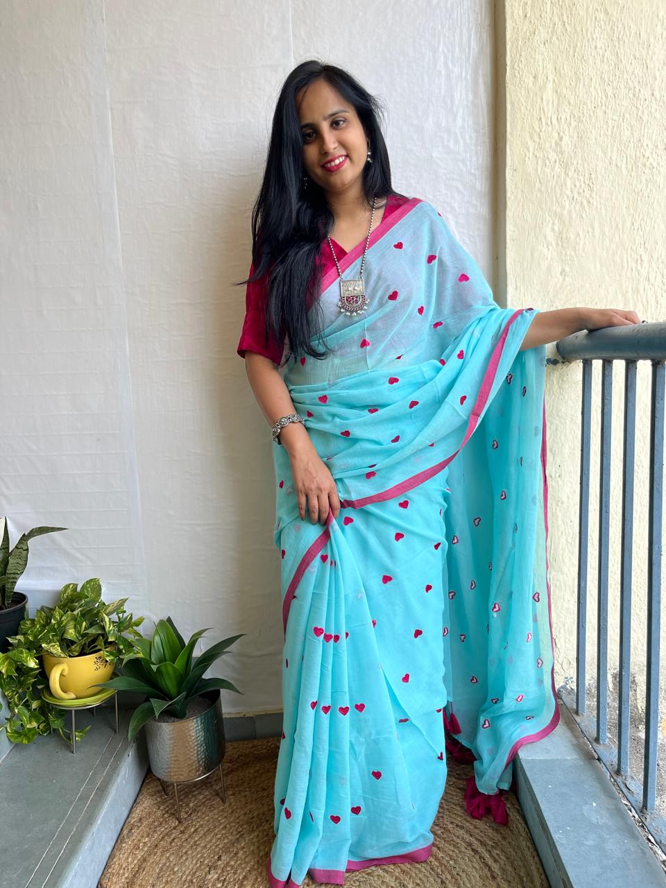 Aqua blue mul cotton saree