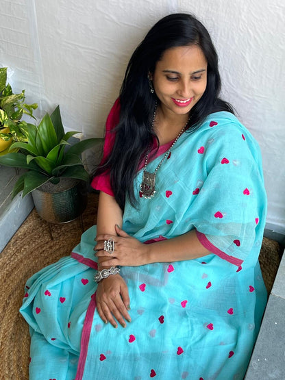 Aqua blue mul cotton saree