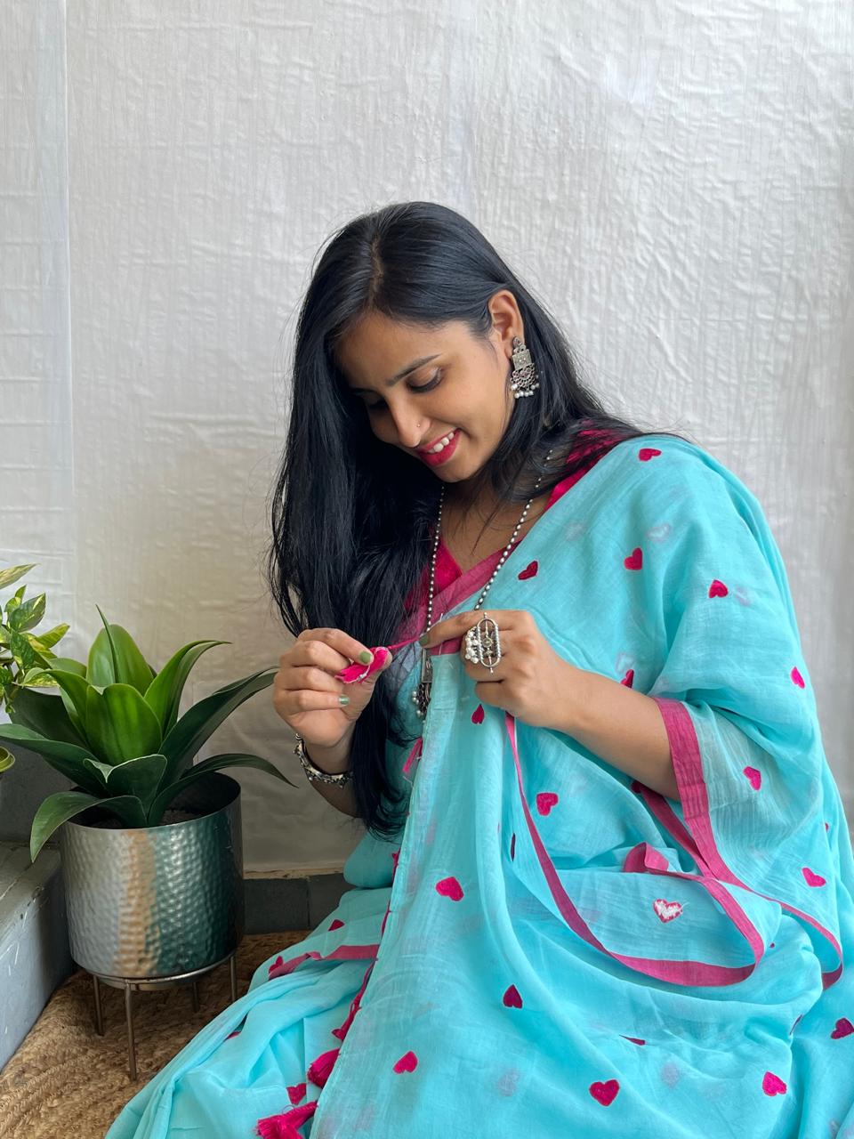 Aqua blue mul cotton saree