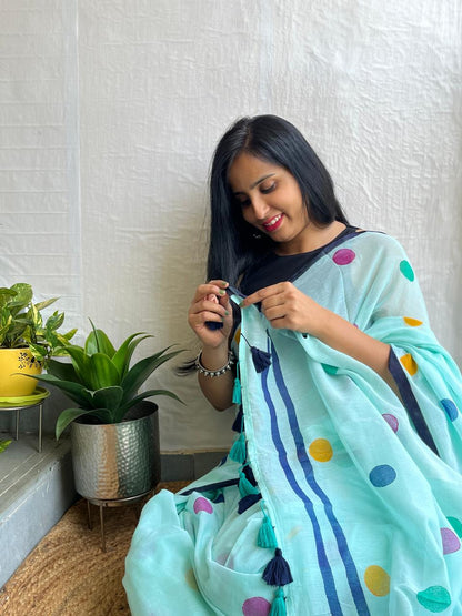Aqua blue mul cotton saree