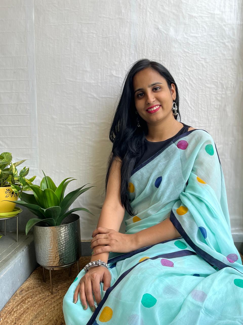 Aqua blue mul cotton saree
