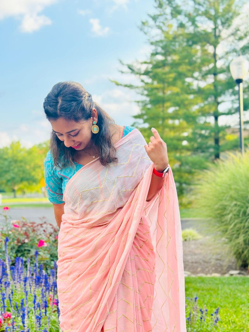 Pink embroidered mul cotton saree