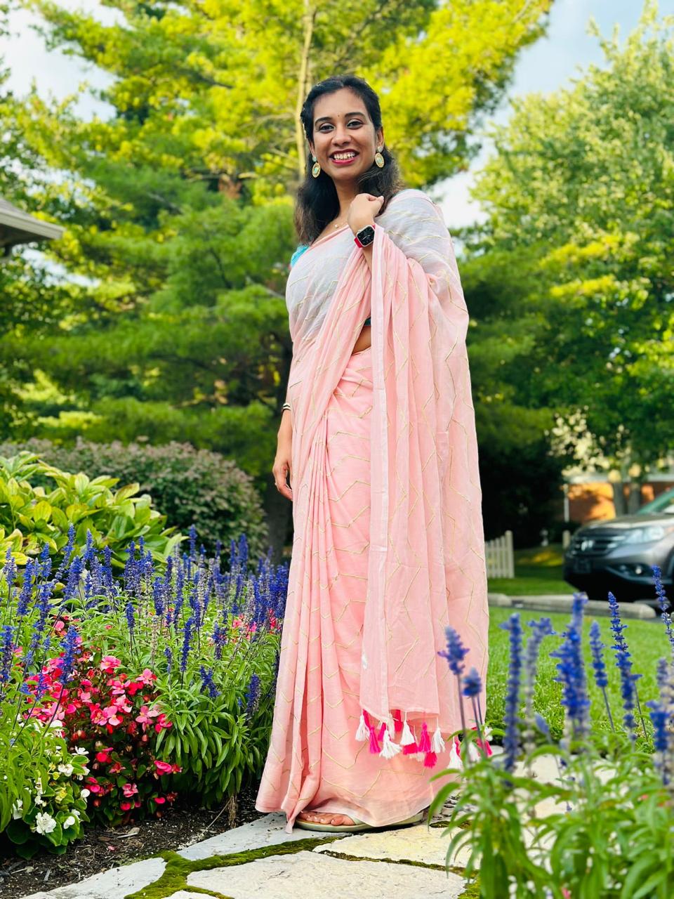 Pink embroidered mul cotton saree