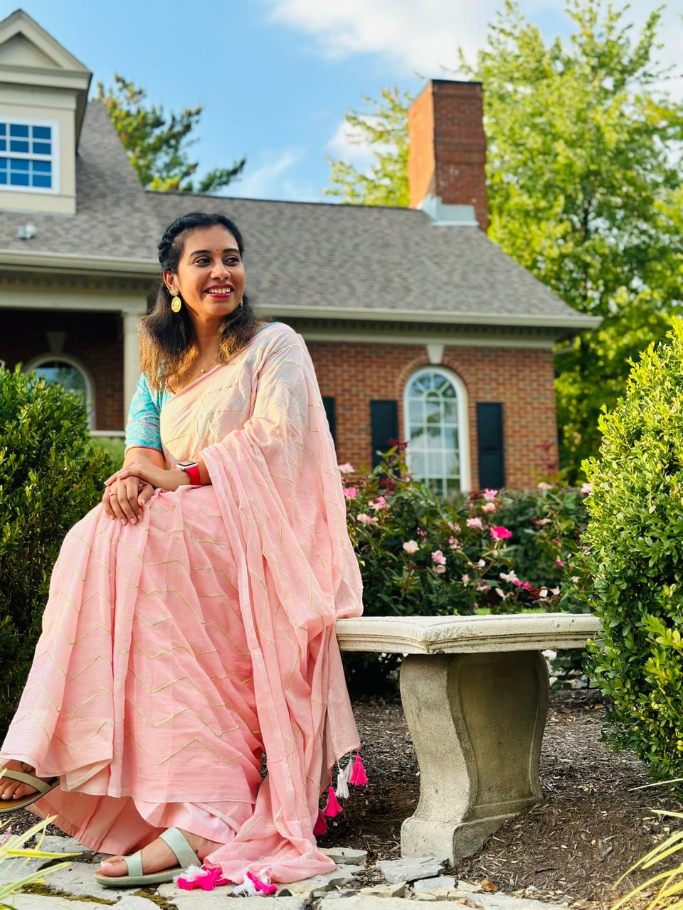 Pink embroidered mul cotton saree