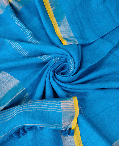 Nayab l Blue With Neon Border Linen Saree