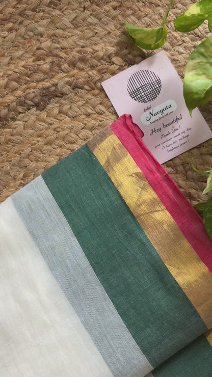 Surabhi l Off white with multi colour border mul cotton saree